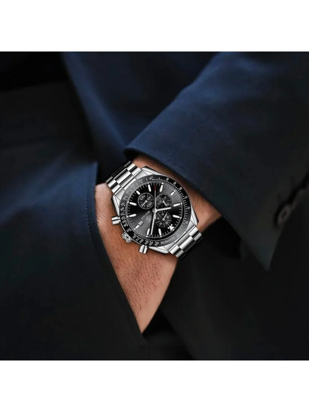 Mens Black Face Analog Silver Strap Chronograph Luminous Designer Casual Watch